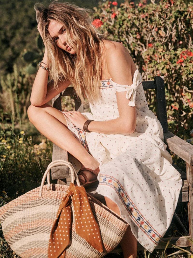 Boho Kjole Hvit Ermeløs Bohemian Gypsy Beach Ferie Sommer Maxi Slip Shift For Kvinner - Hvit