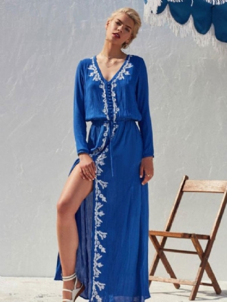 Boho Kjole Lys Himmelblå V-hals Langermer Høy Splitt Brodert Bohemian Gypsy Beach Ferie Vår Sommer Lang For Kvinner