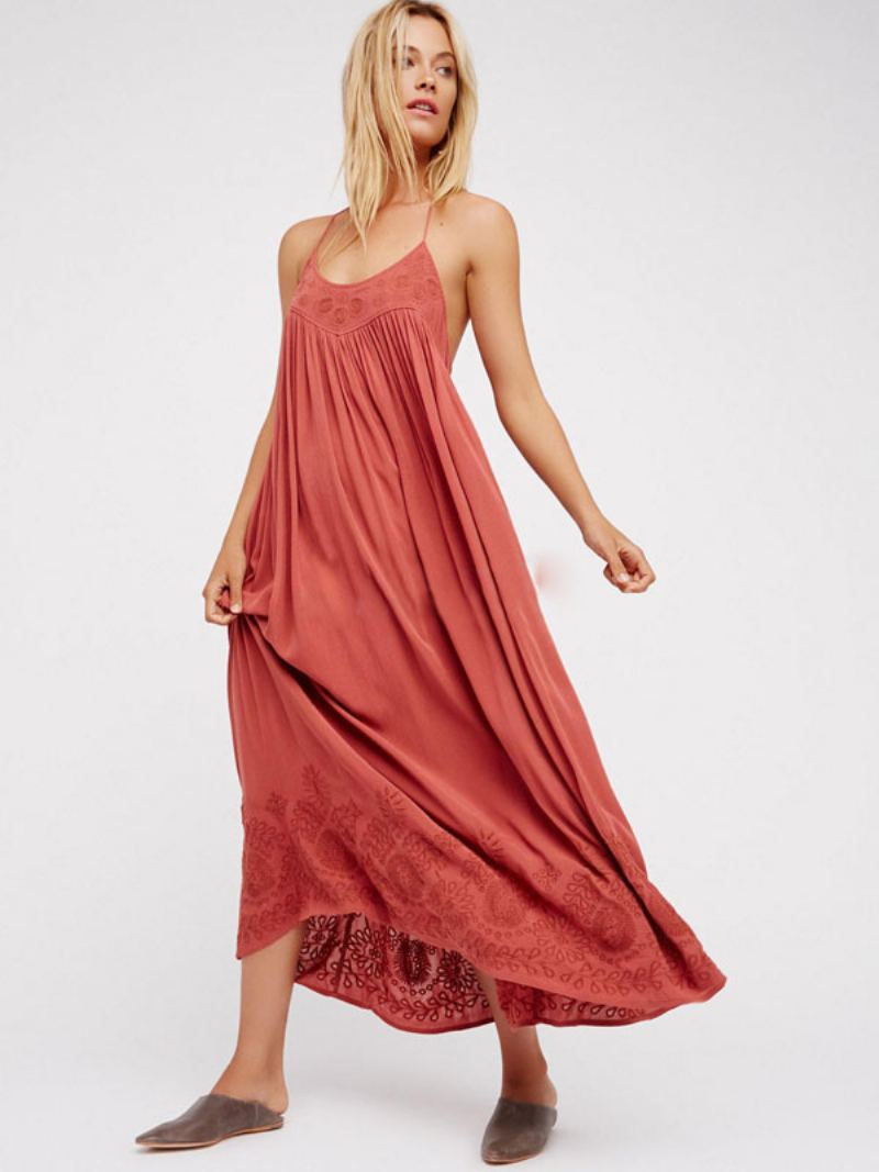 Boho Kjole Stropper Hals Ermeløs Coral Bohemian Gypsy Beach Ferie Sommer Lang Slip For Kvinner