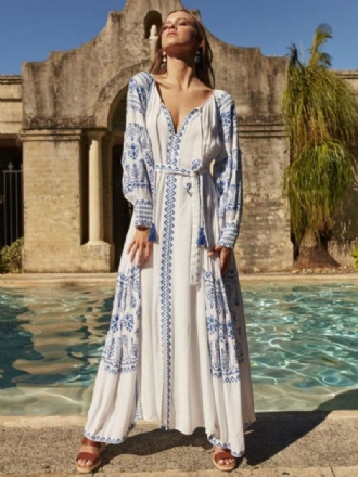 Boho Kjole V-hals Langermer Bohemian Gypsy Beach Ferie Hvit Vår Sommer Belted Maxi Dress For Kvinner