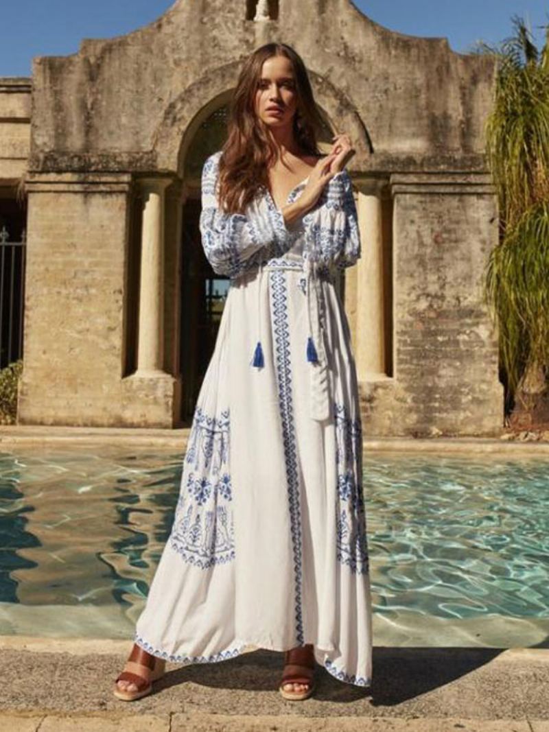 Boho Kjole V-hals Langermer Bohemian Gypsy Beach Ferie Hvit Vår Sommer Belted Maxi Dress For Kvinner - Hvit