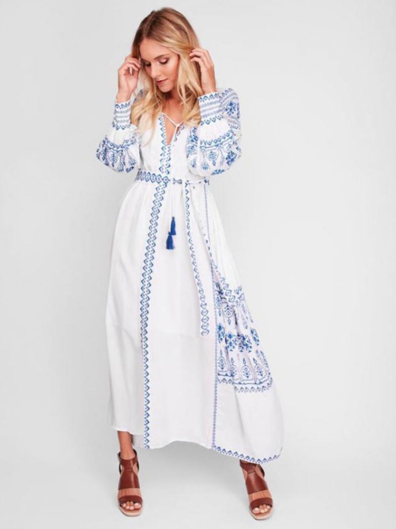 Boho Kjole V-hals Langermer Bohemian Gypsy Beach Ferie Hvit Vår Sommer Belted Maxi Dress For Kvinner - Hvit