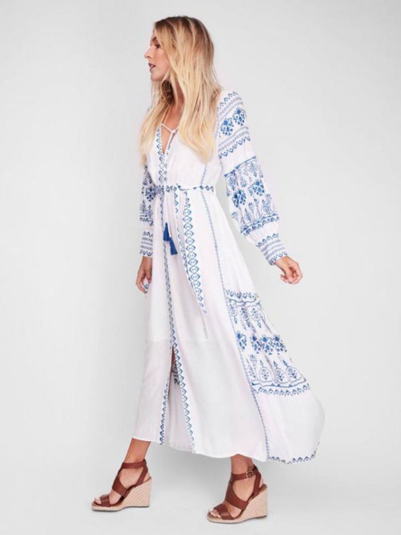 Boho Kjole V-hals Langermer Bohemian Gypsy Beach Ferie Hvit Vår Sommer Belted Maxi Dress For Kvinner - Hvit