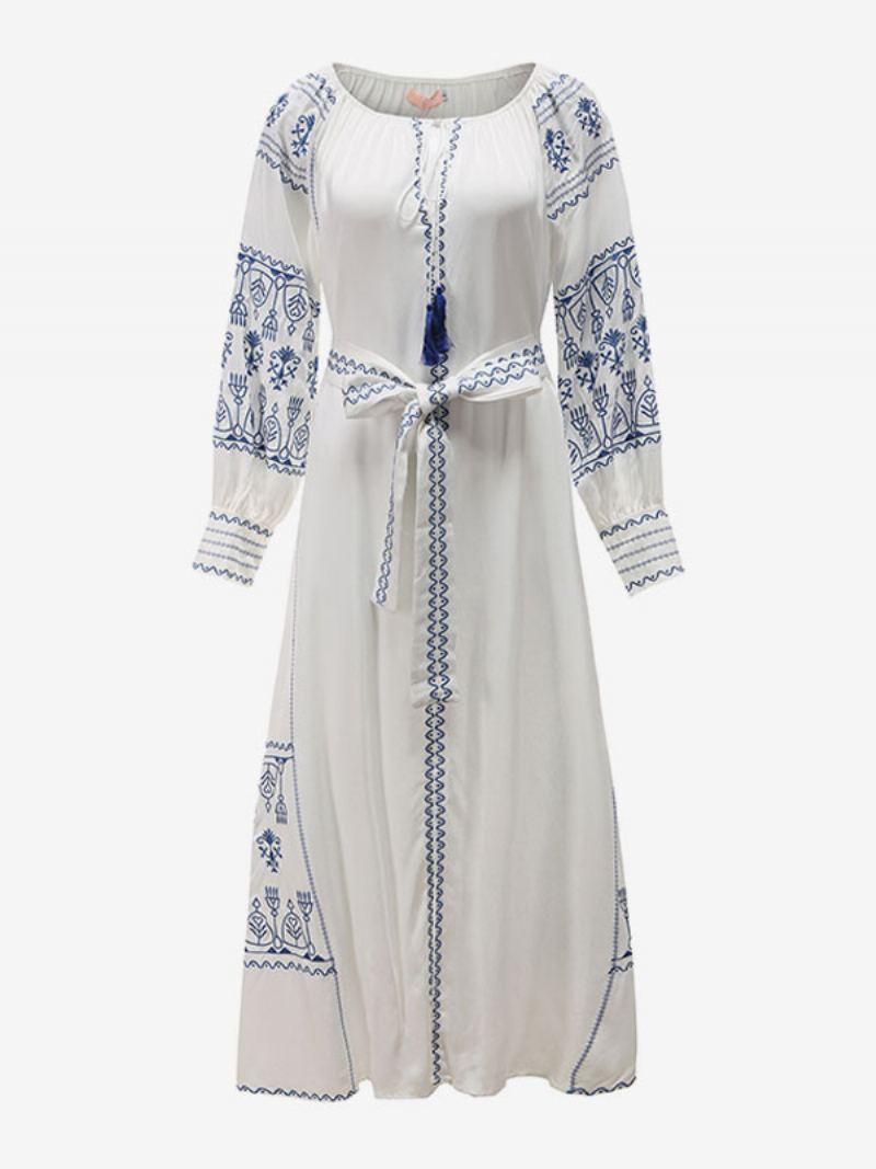 Boho Kjole V-hals Langermer Bohemian Gypsy Beach Ferie Hvit Vår Sommer Belted Maxi Dress For Kvinner - Hvit