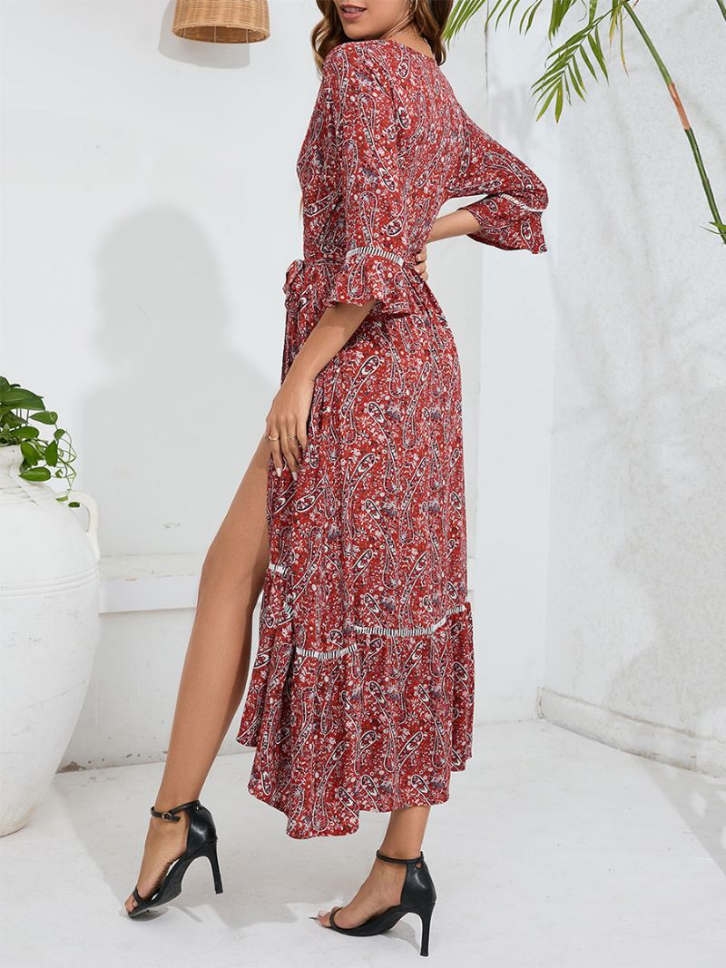 Dame Floral Maxi Dress V-hals 3/4 Lengde Ermer Slit Day Kjoler - Burgunder