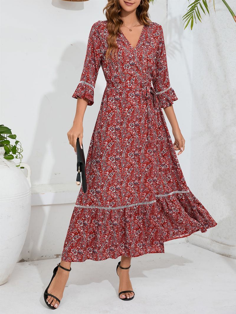 Dame Floral Maxi Dress V-hals 3/4 Lengde Ermer Slit Day Kjoler - Burgunder