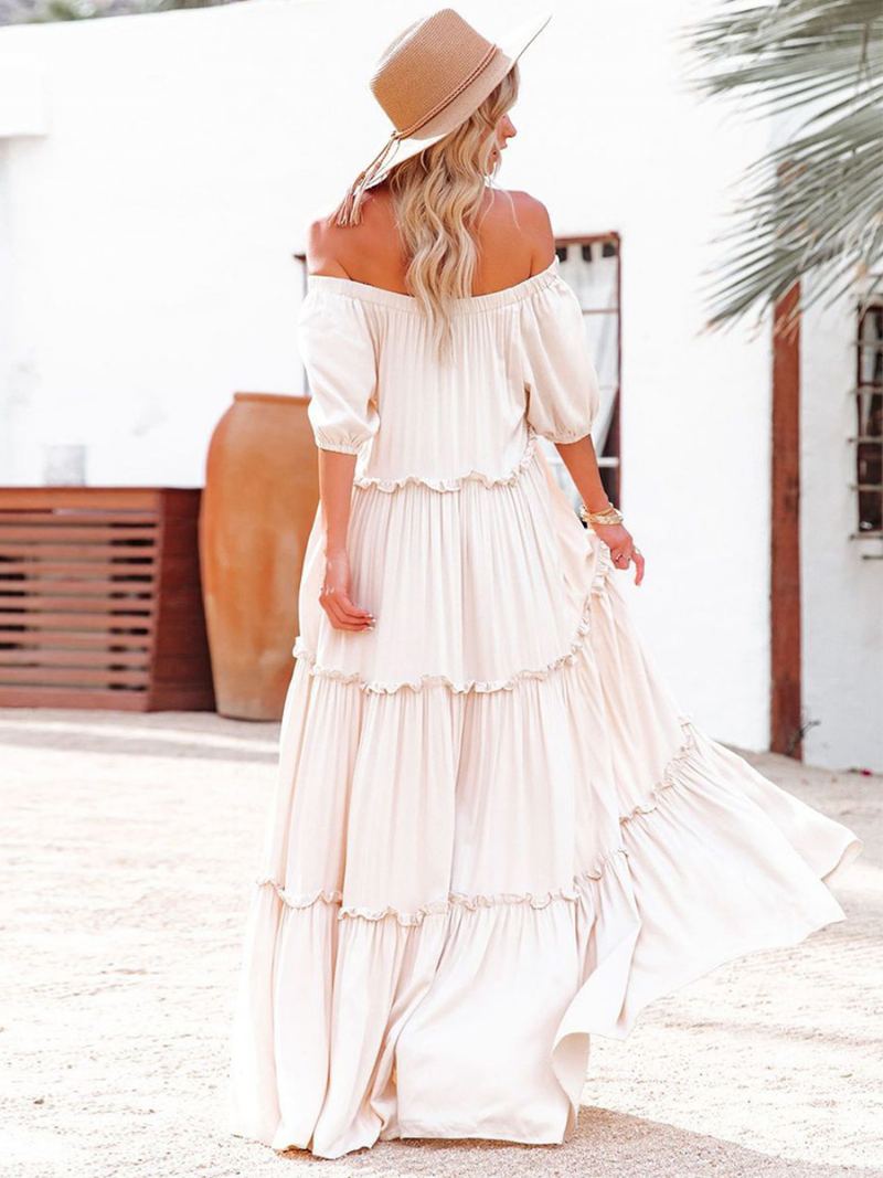 Dame Maxi Dress Off The Shoulder Ruffles Trim Uformelle Sommerkjoler - Rosa