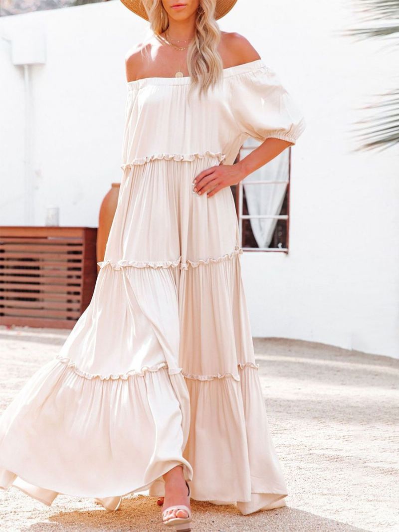 Dame Maxi Dress Off The Shoulder Ruffles Trim Uformelle Sommerkjoler - Rosa