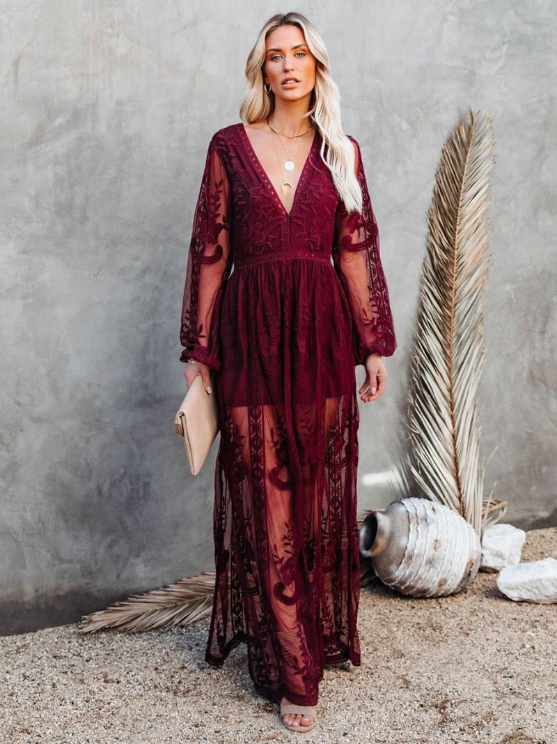 Dame Maxikjole V-hals Halve Ermer Lace Bohemian Lang Kjole - Burgund