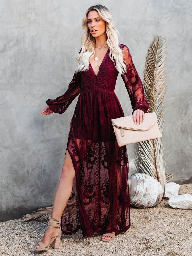 Dame Maxikjole V-hals Halve Ermer Lace Bohemian Lang Kjole - Burgund