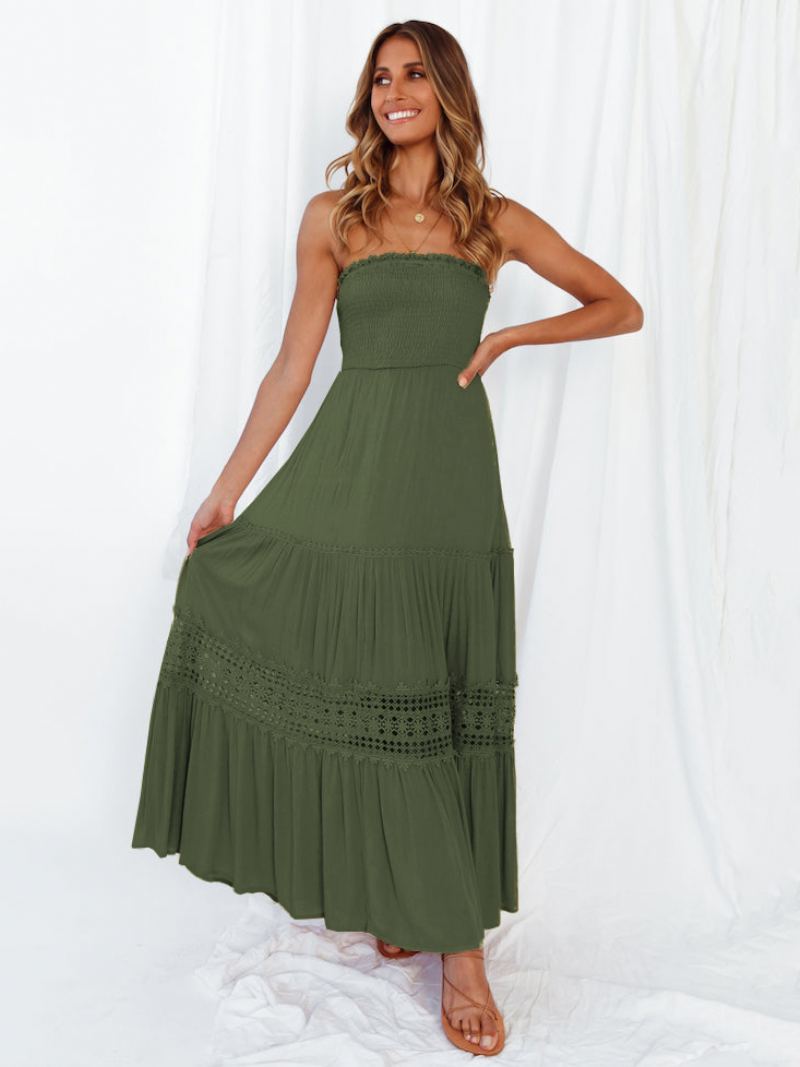 Dame Sommerkjole Bateau Neck Blonde Hvit Long Beach Dress - Hunter Green