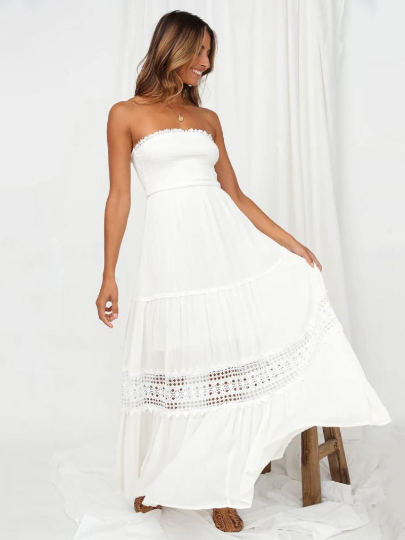 Dame Sommerkjole Bateau Neck Blonde Hvit Long Beach Dress - Hvit