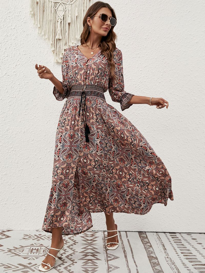 Dame Sommerkjole V-hals Trykte Knapper Blå Long Beach Dress - Kaffe Brun