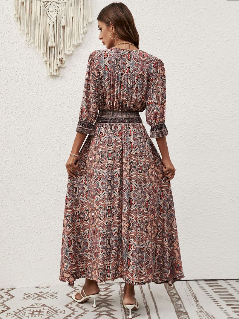 Dame Sommerkjole V-hals Trykte Knapper Blå Long Beach Dress - Kaffe Brun