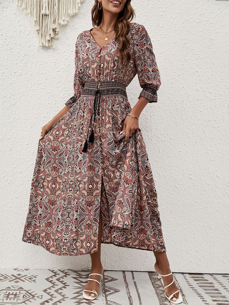 Dame Sommerkjole V-hals Trykte Knapper Blå Long Beach Dress - Kaffe Brun