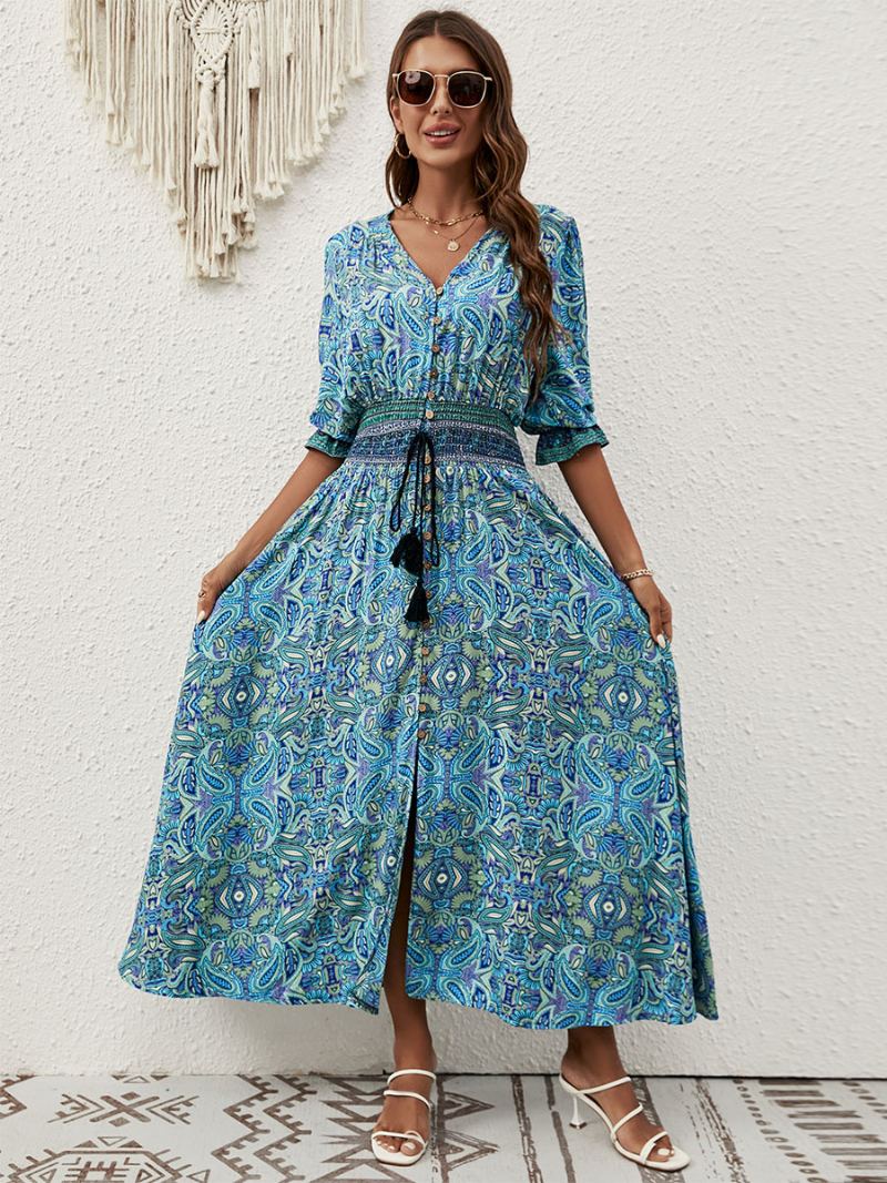 Dame Sommerkjole V-hals Trykte Knapper Blå Long Beach Dress - Blå