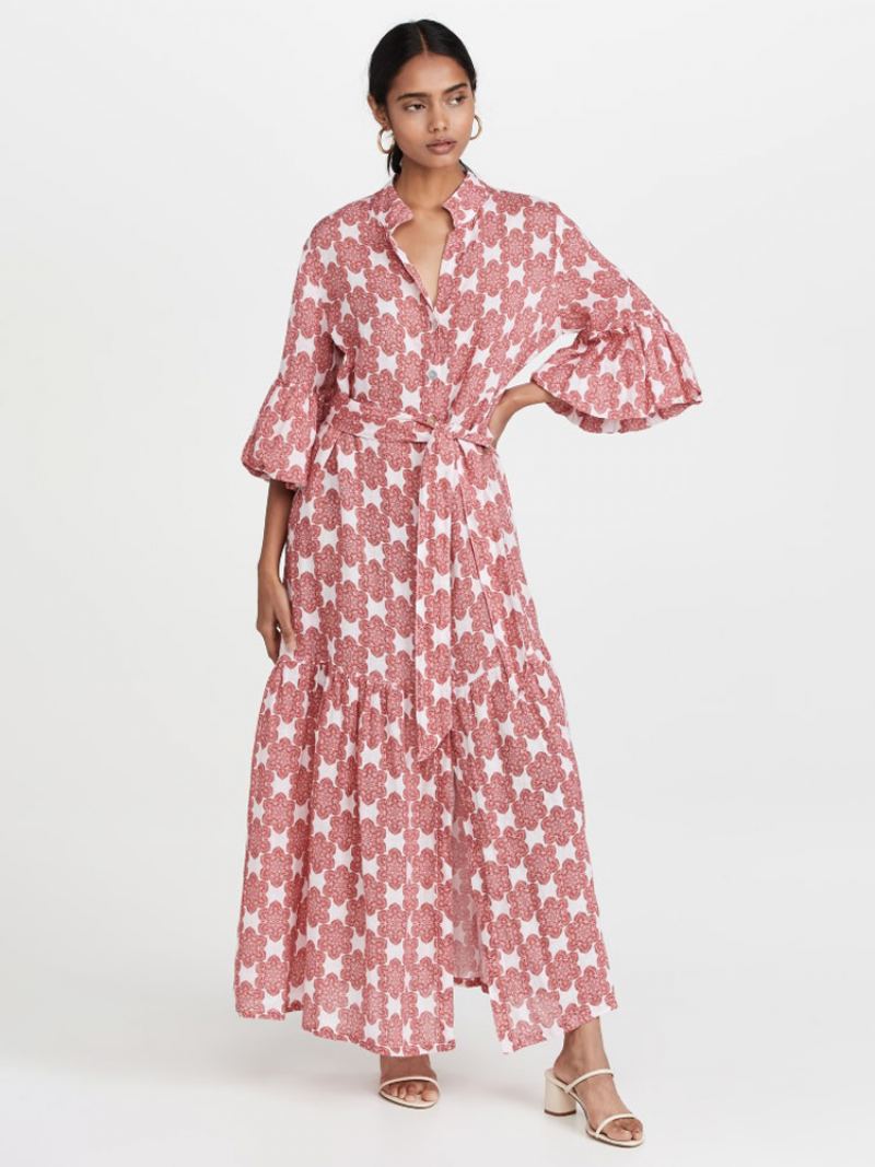 Dame Vannmelon Rød Boho Kjole Lyktermer Ruffles Casual Maxi Kjoler