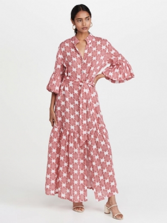 Dame Vannmelon Rød Boho Kjole Lyktermer Ruffles Casual Maxi Kjoler