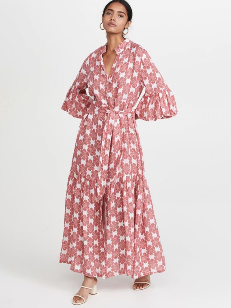 Dame Vannmelon Rød Boho Kjole Lyktermer Ruffles Casual Maxi Kjoler - Vannmelonrød