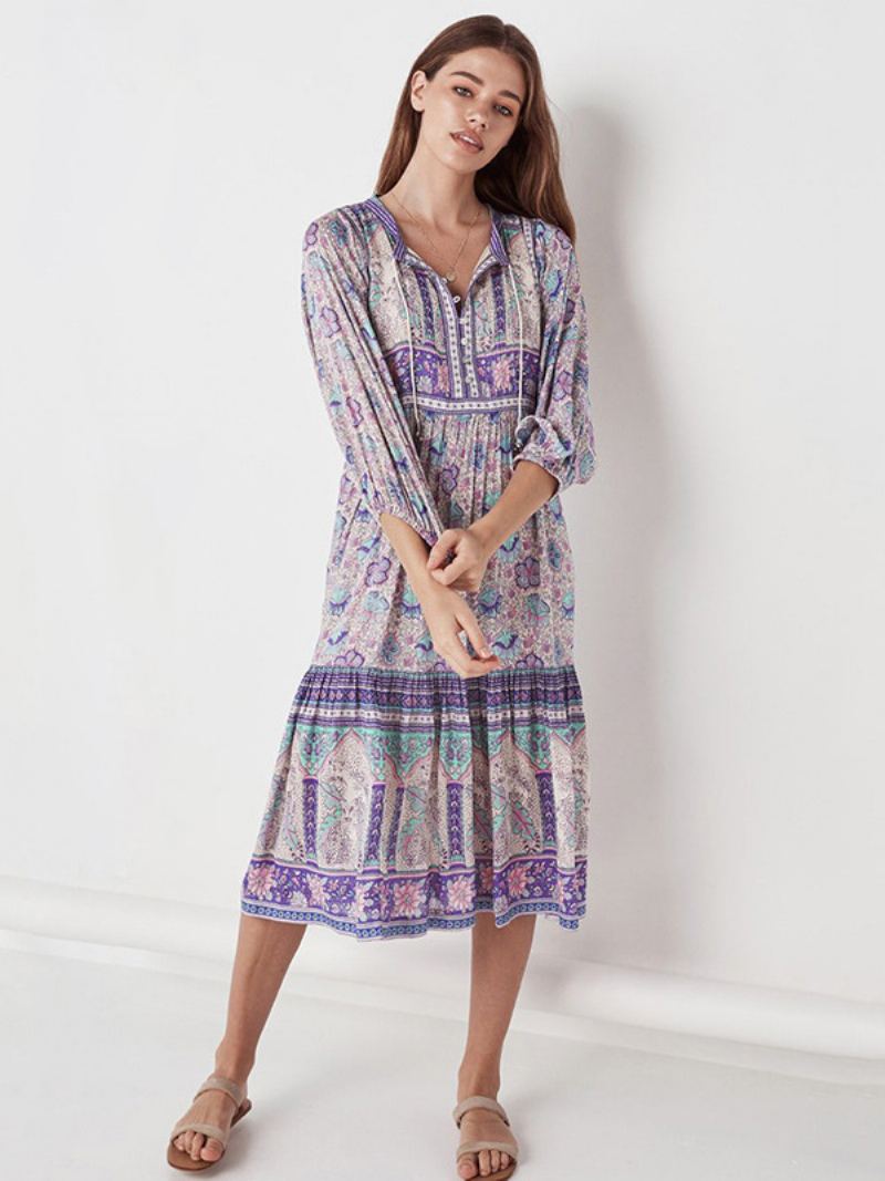 Flowy Kjole For Kvinner Med V-hals Trekvart Ermer Boho Midi Kjoler