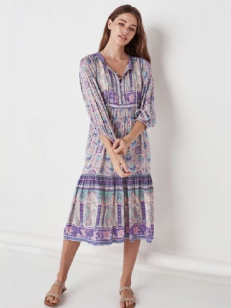 Flowy Kjole For Kvinner Med V-hals Trekvart Ermer Boho Midi Kjoler