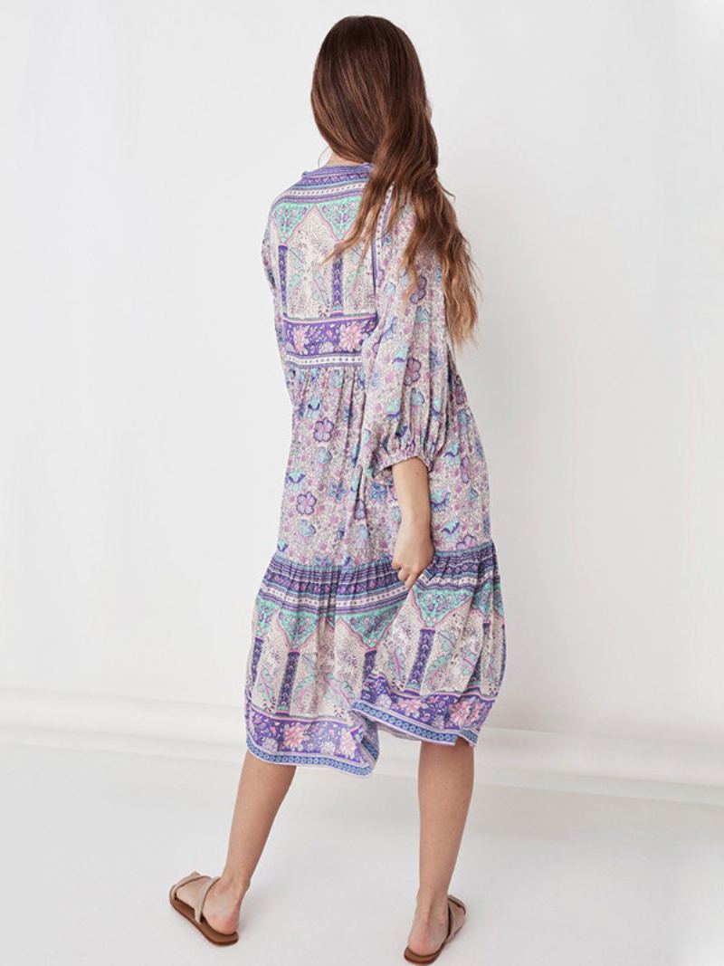 Flowy Kjole For Kvinner Med V-hals Trekvart Ermer Boho Midi Kjoler - Lavendel