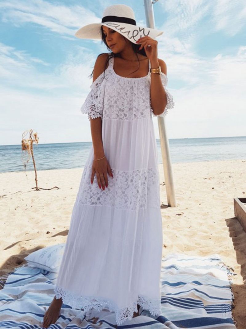 Hvit Boho-kjole Dame Maxi-kjole Blonder Halvermet Cold Shoulder Beach Dress