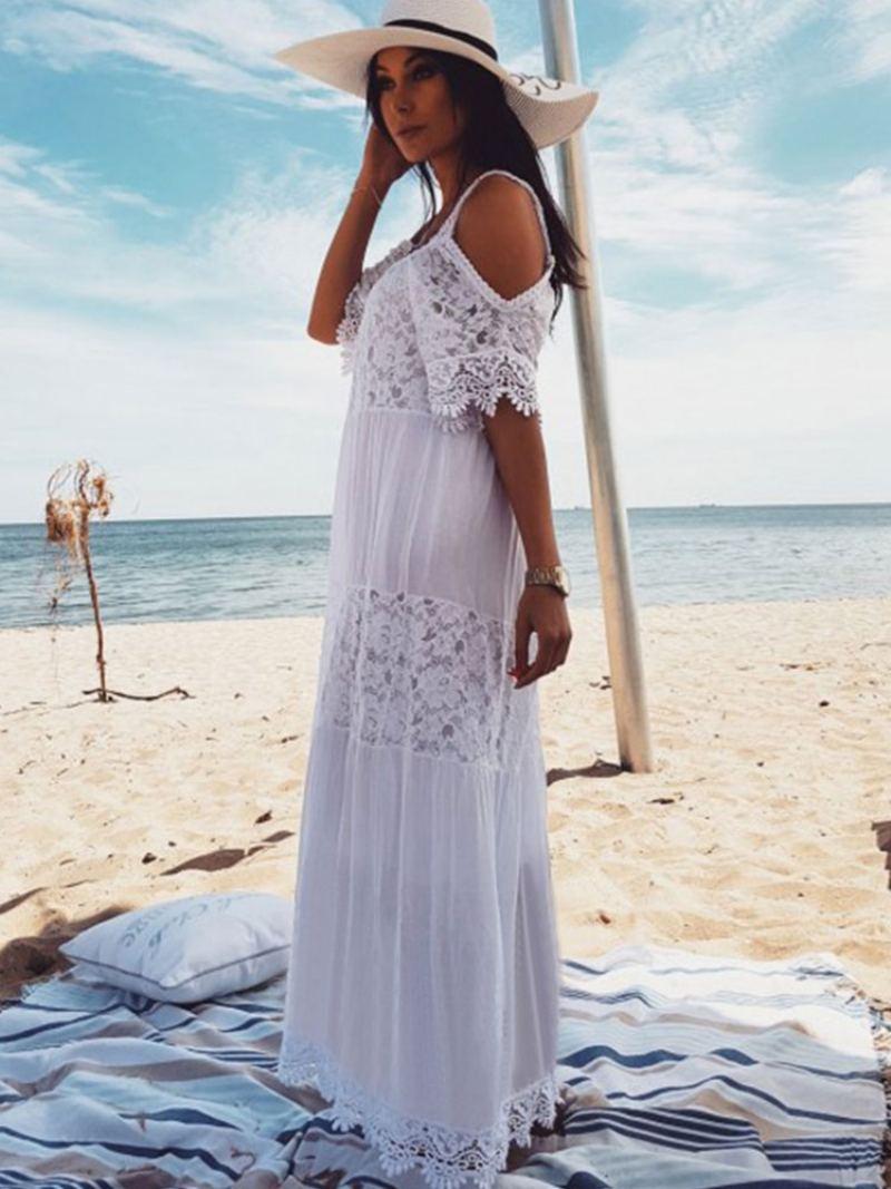 Hvit Boho-kjole Dame Maxi-kjole Blonder Halvermet Cold Shoulder Beach Dress - Hvit