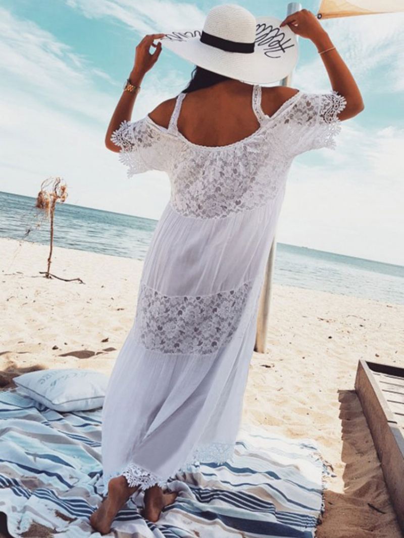 Hvit Boho-kjole Dame Maxi-kjole Blonder Halvermet Cold Shoulder Beach Dress - Hvit