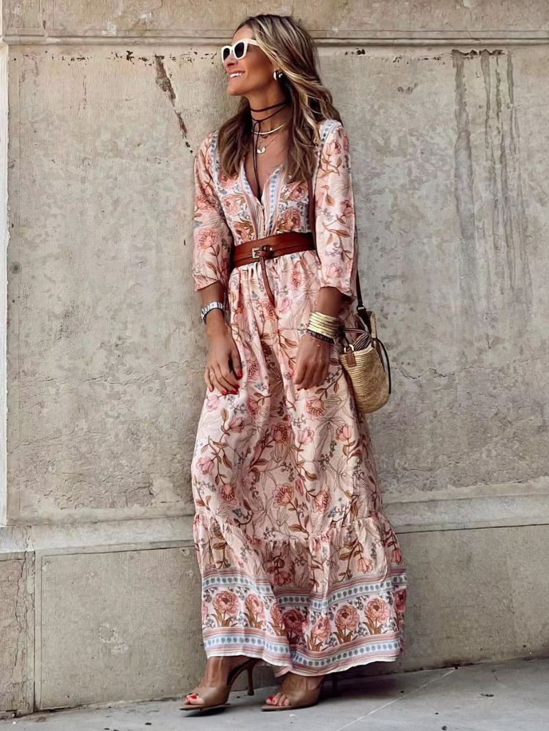 Kvinners Bohemian Kjoler Floral V-hals Langermet Spring Maxi Dress