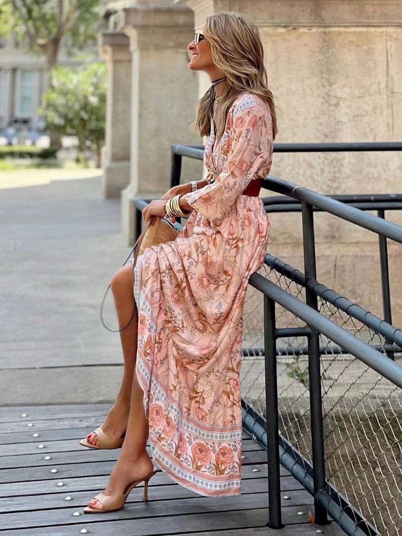 Kvinners Bohemian Kjoler Floral V-hals Langermet Spring Maxi Dress - Rosa