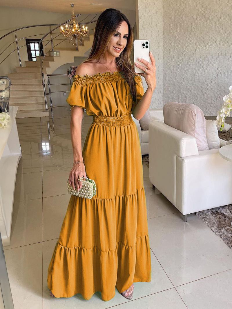 Kvinners Boho Dress Off The Shoulder Plisserte Lagdelte Uformelle Sommer-maxikjoler - Gul