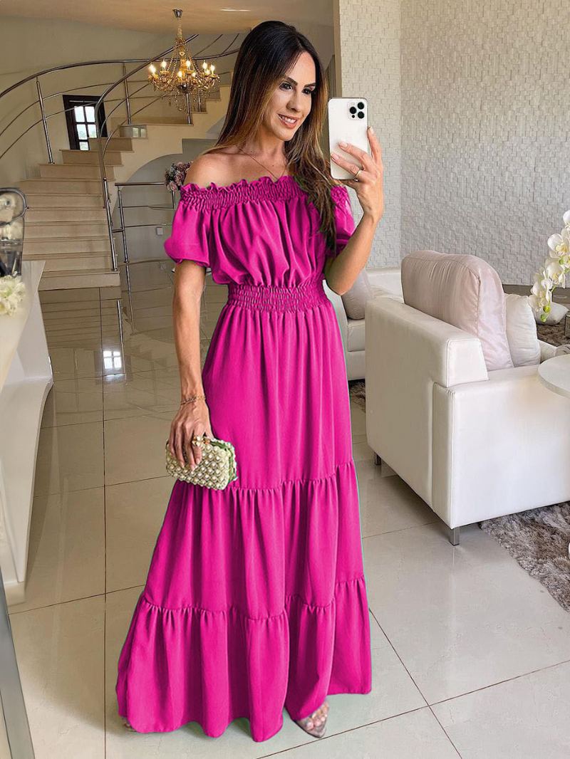 Kvinners Boho Dress Off The Shoulder Plisserte Lagdelte Uformelle Sommer-maxikjoler - Rose