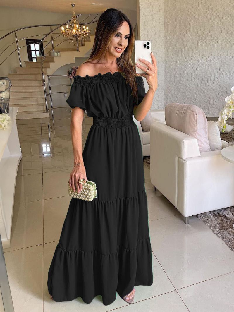 Kvinners Boho Dress Off The Shoulder Plisserte Lagdelte Uformelle Sommer-maxikjoler - Svart