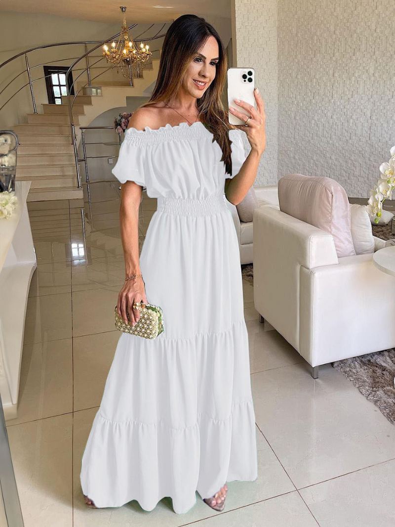 Kvinners Boho Dress Off The Shoulder Plisserte Lagdelte Uformelle Sommer-maxikjoler - Hvit