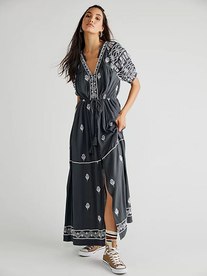 Kvinners Boho-kjole Geotrykt V-hals Belted Slit Summer Beach Maxi-kjoler