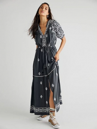 Kvinners Boho-kjole Geotrykt V-hals Belted Slit Summer Beach Maxi-kjoler