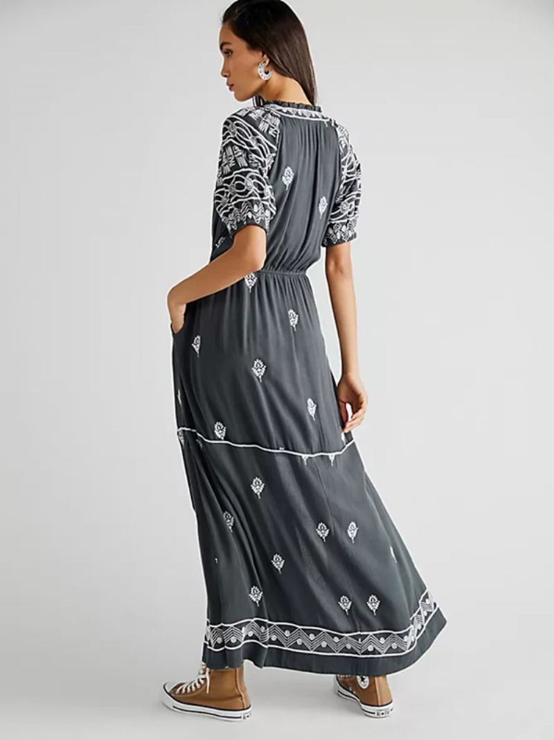 Kvinners Boho-kjole Geotrykt V-hals Belted Slit Summer Beach Maxi-kjoler - Dyp Grå