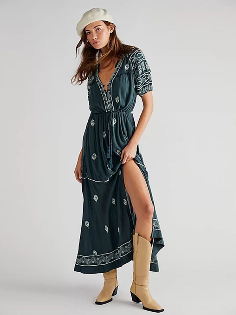 Kvinners Boho-kjole Geotrykt V-hals Belted Slit Summer Beach Maxi-kjoler - Mørkegrønn