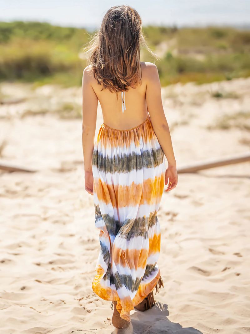 Kvinners Boho Kjole Halter V-hals Åpen Rygg Casual Resort Sommer Maxi Kjoler - Oransje