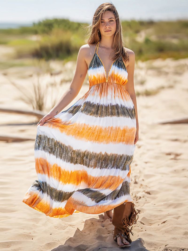 Kvinners Boho Kjole Halter V-hals Åpen Rygg Casual Resort Sommer Maxi Kjoler - Oransje