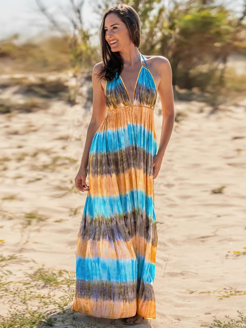 Kvinners Boho Kjole Halter V-hals Åpen Rygg Casual Resort Sommer Maxi Kjoler - Blå