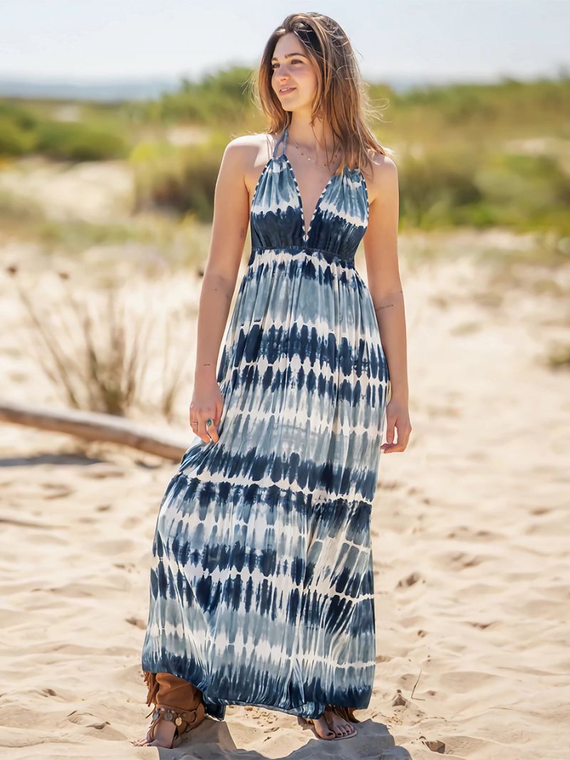 Kvinners Boho Kjole Halter V-hals Åpen Rygg Casual Resort Sommer Maxi Kjoler - Lys Himmelblå