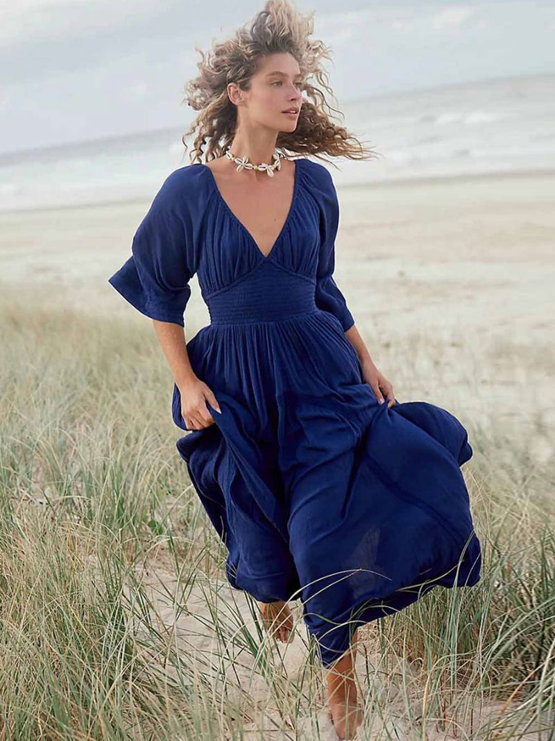 Kvinners Boho-kjole Plissert V-hals Trekvartsermer Beach Maxi-kjoler