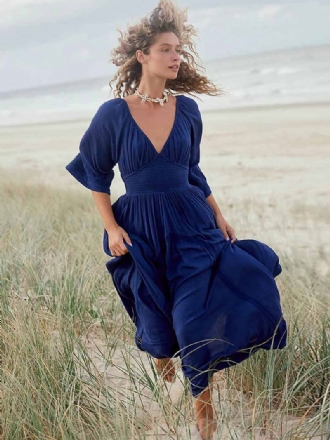 Kvinners Boho-kjole Plissert V-hals Trekvartsermer Beach Maxi-kjoler