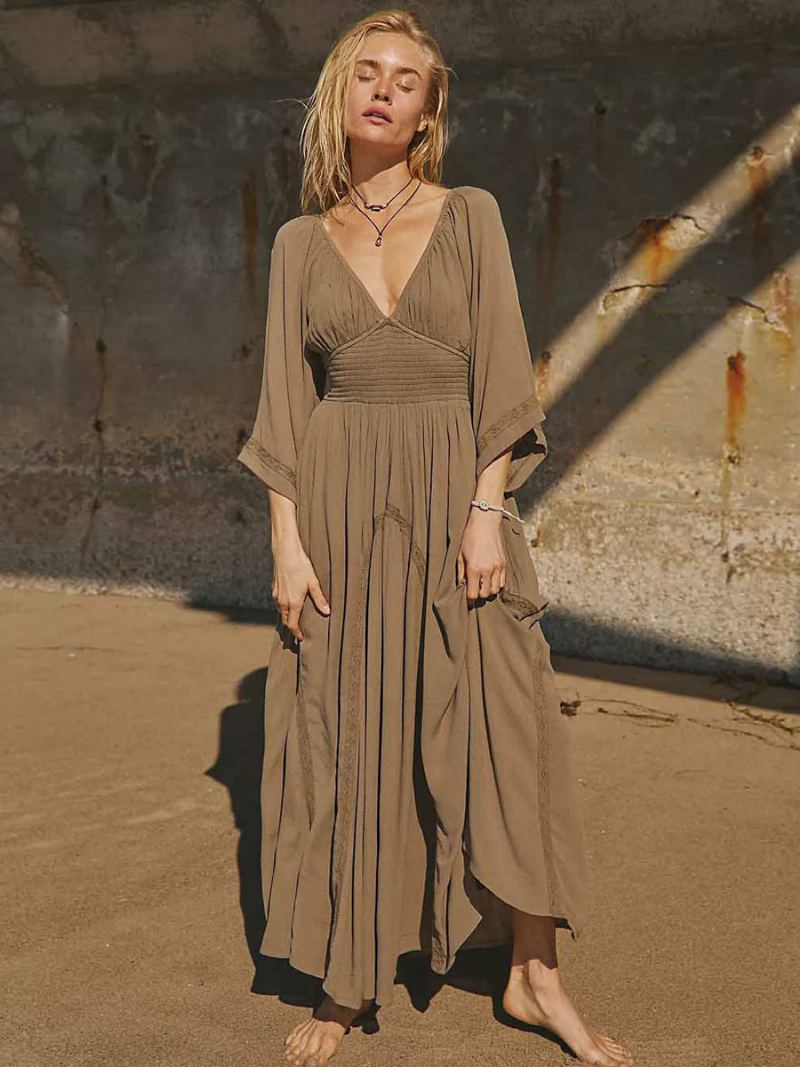 Kvinners Boho-kjole Plissert V-hals Trekvartsermer Beach Maxi-kjoler - Kaffe Brun