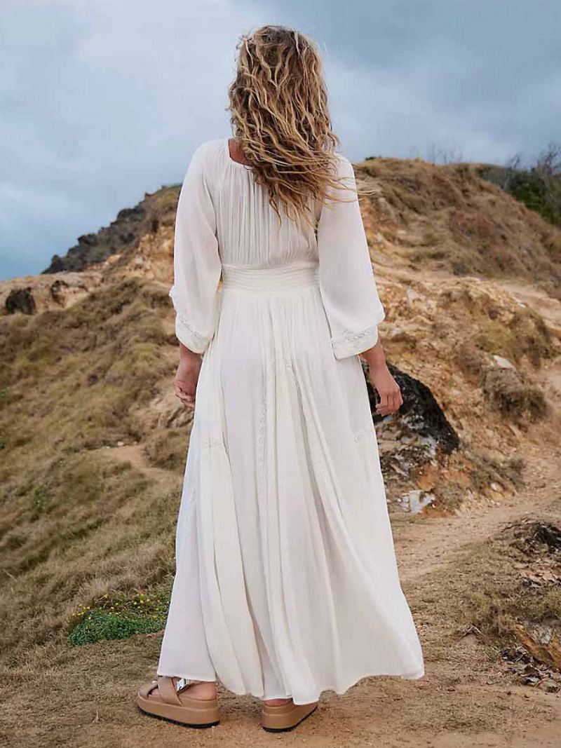 Kvinners Boho-kjole Plissert V-hals Trekvartsermer Beach Maxi-kjoler - Hvit