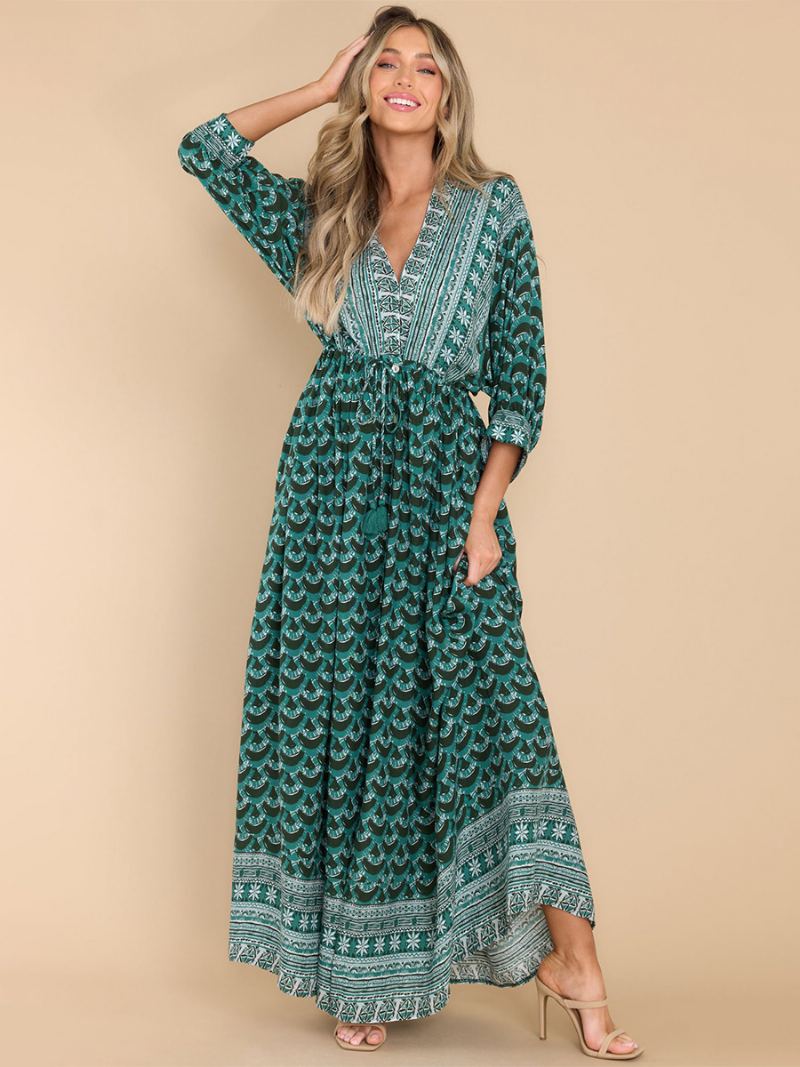 Kvinners Boho Kjole Print V-hals High Cut Daily Casual Maxi Beach Dresses - Grønn