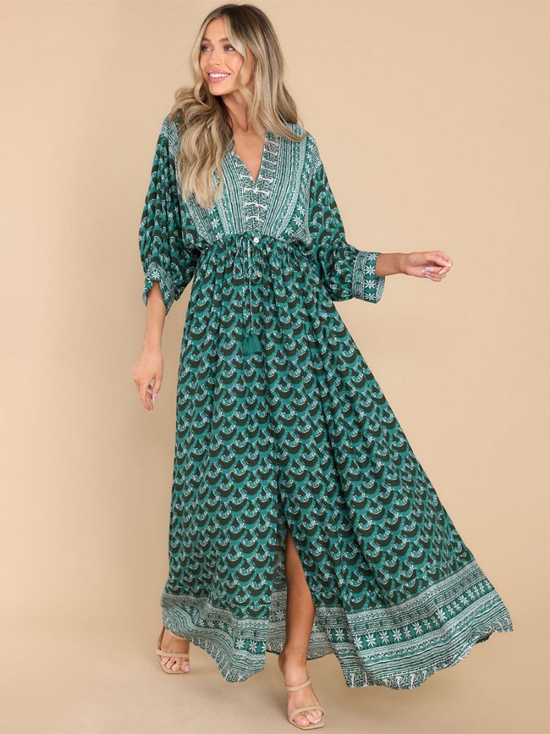 Kvinners Boho Kjole Print V-hals High Cut Daily Casual Maxi Beach Dresses - Grønn