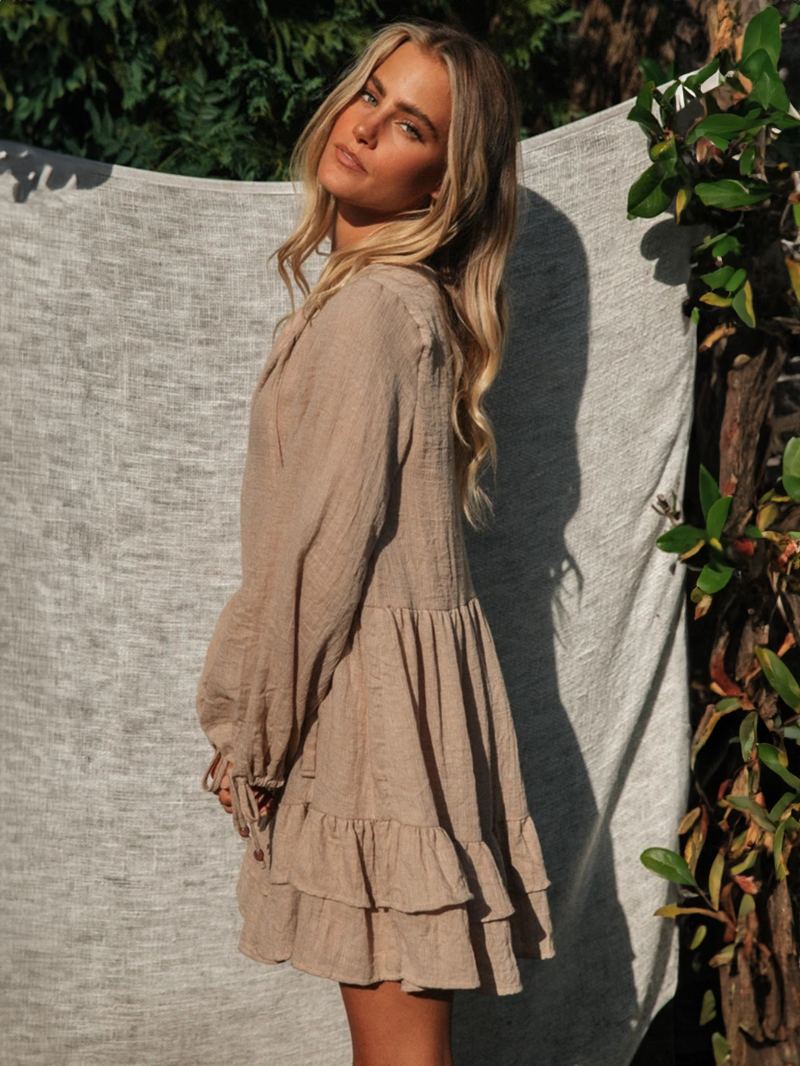 Kvinners Boho Kjole Sash V-hals Langermet Oversized Strandkjole - Kaffe Brun